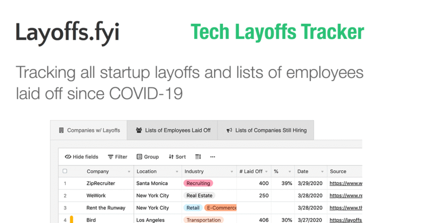 Layoffs.fyi tracker page showing tech layoff counts
