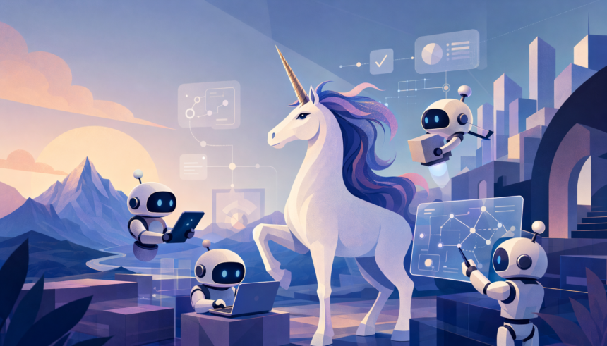 $1B+ AI agent unicorn companies in 2026 — editorial illustration of the agent economy