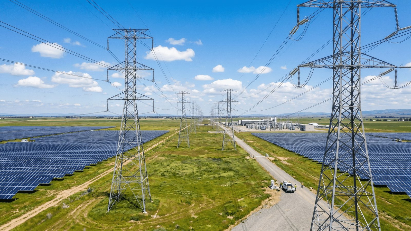 Aerial view of a large AI data center campus beside high-voltage transmission lines and power substation