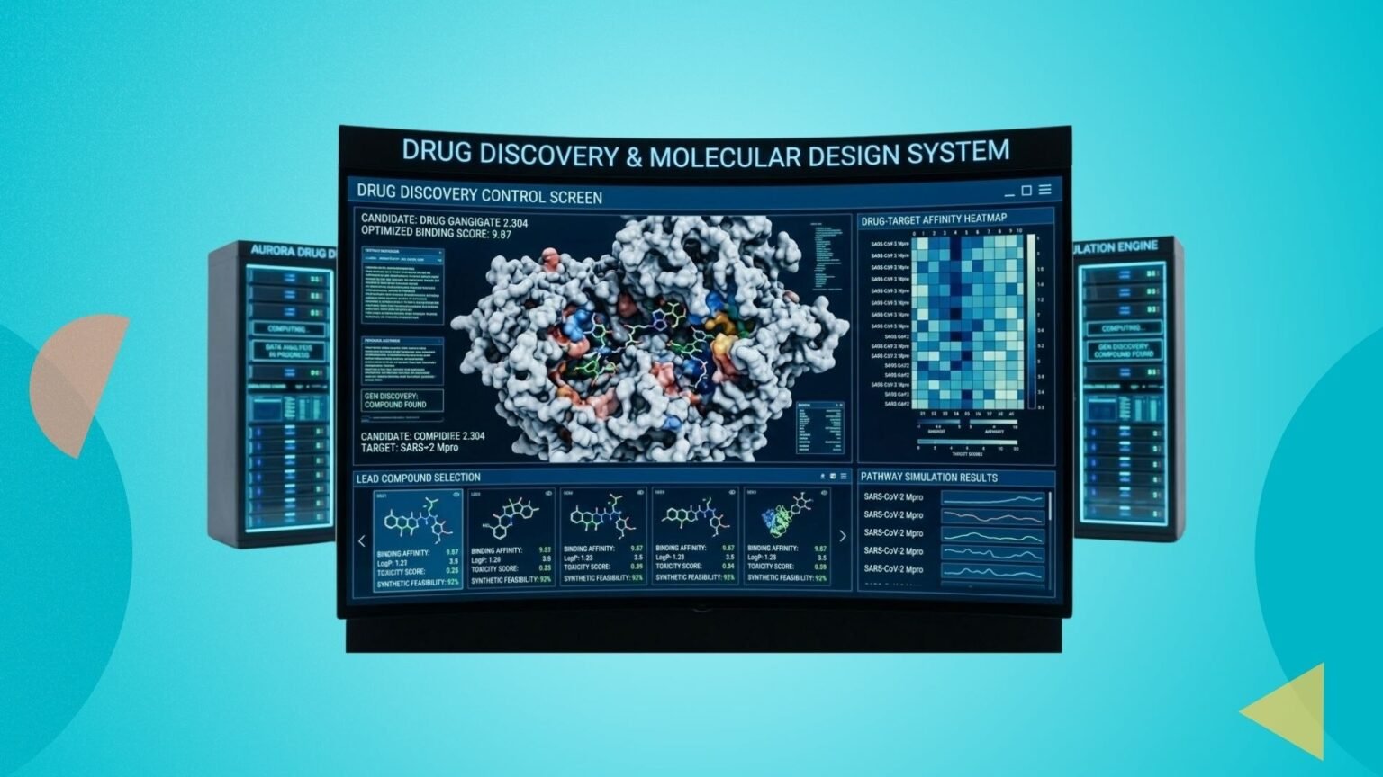 Scientists reviewing AI-generated molecular structures on screens in a 2026 drug discovery lab