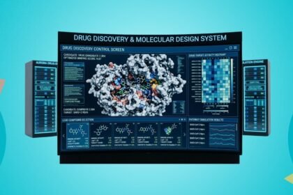Scientists reviewing AI-generated molecular structures on screens in a 2026 drug discovery lab