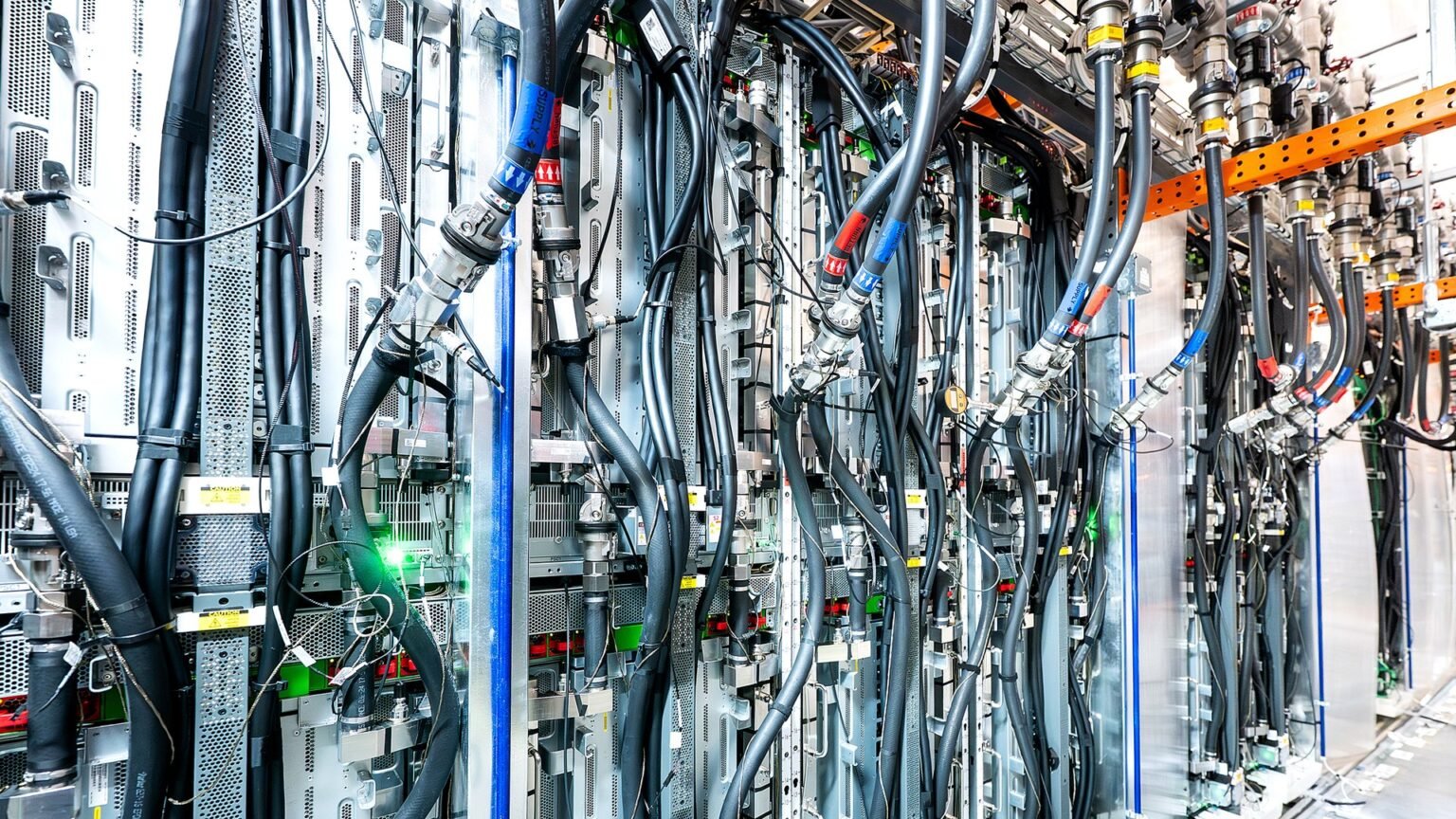 Rows of liquid-cooled AI data center servers with cooling pipes, illustrating the AI energy footprint