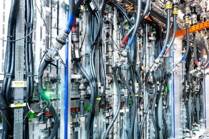 Rows of liquid-cooled AI data center servers with cooling pipes, illustrating the AI energy footprint