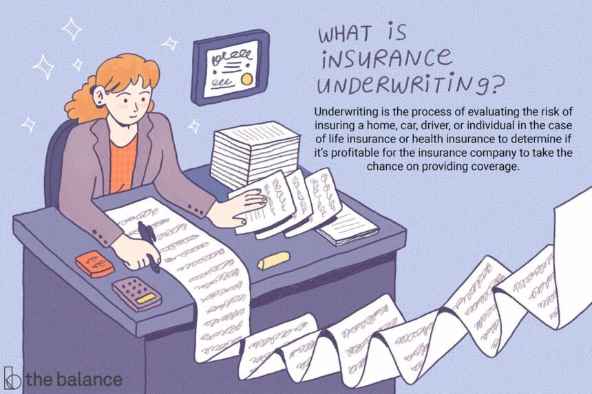 Underwriters reviewing AI risk and liability policy documents in a modern insurance office