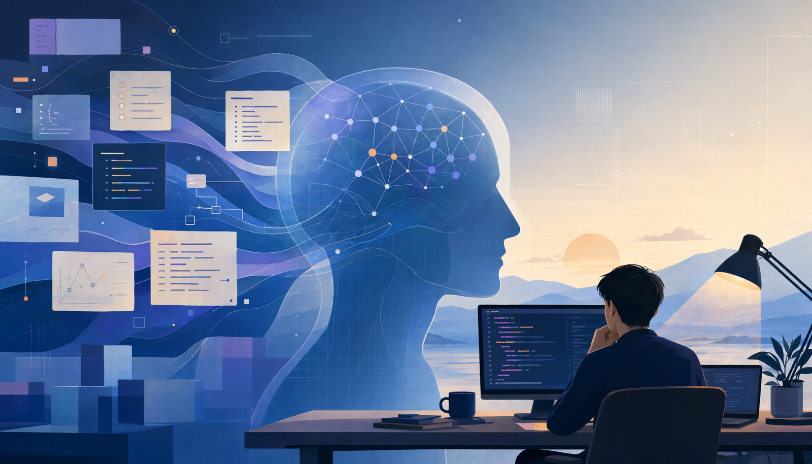 Cognition Devin — the autonomous AI software engineer; editorial illustration of an AI agent shipping code end-to-end