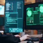 Forensic analyst reviewing flagged AI-generated faces and audio waveforms across multiple monitors in a dim operations room