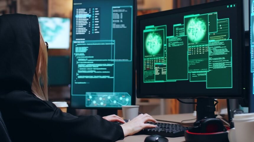 Forensic analyst reviewing flagged AI-generated faces and audio waveforms across multiple monitors in a dim operations room