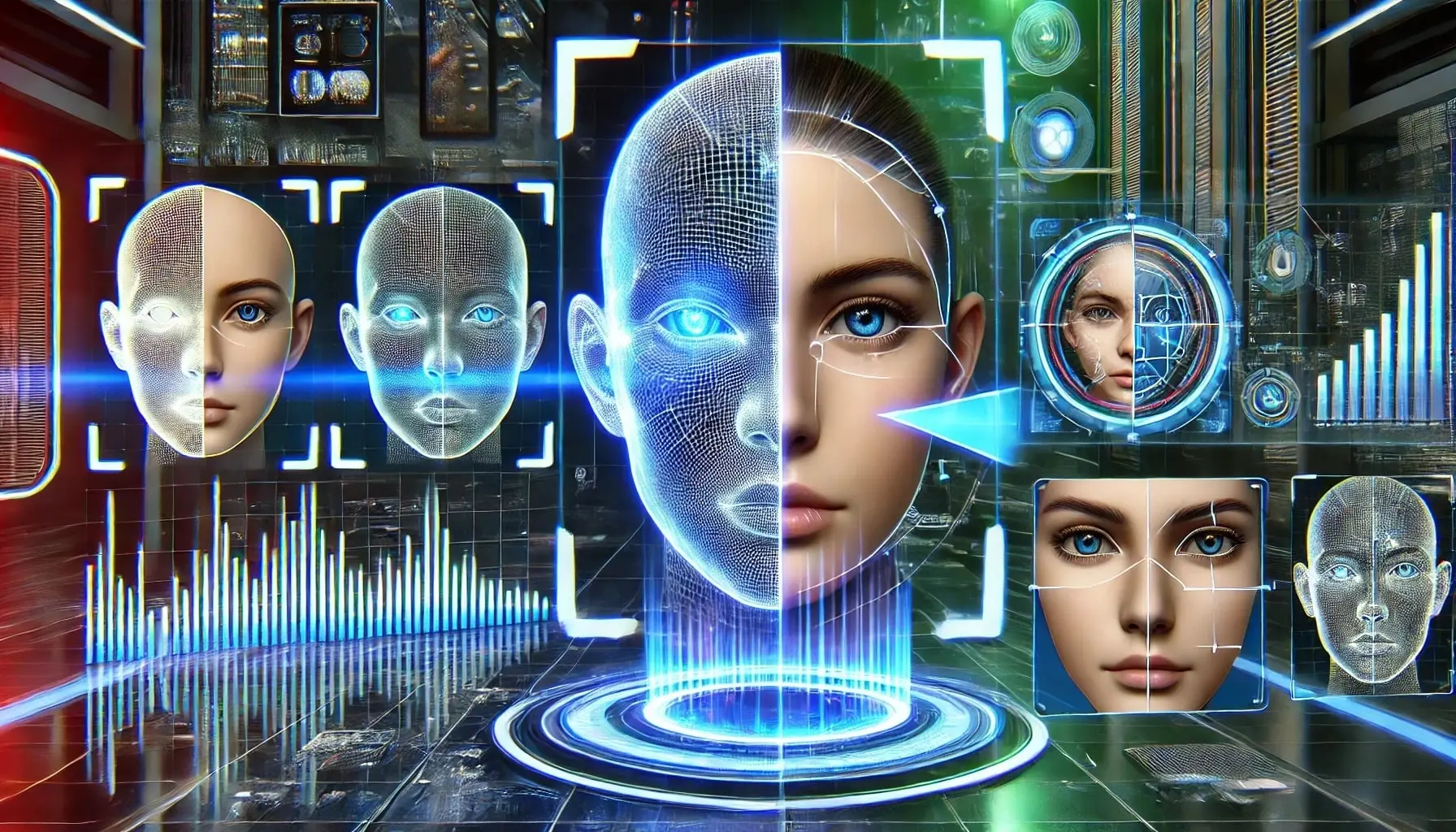 Forensic analyst reviewing flagged AI-generated faces and audio waveforms across multiple monitors in a dim operations room