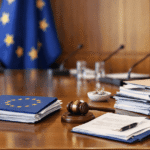 European Union flag and regulatory documents on a desk representing AI Act compliance work