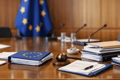 European Union flag and regulatory documents on a desk representing AI Act compliance work