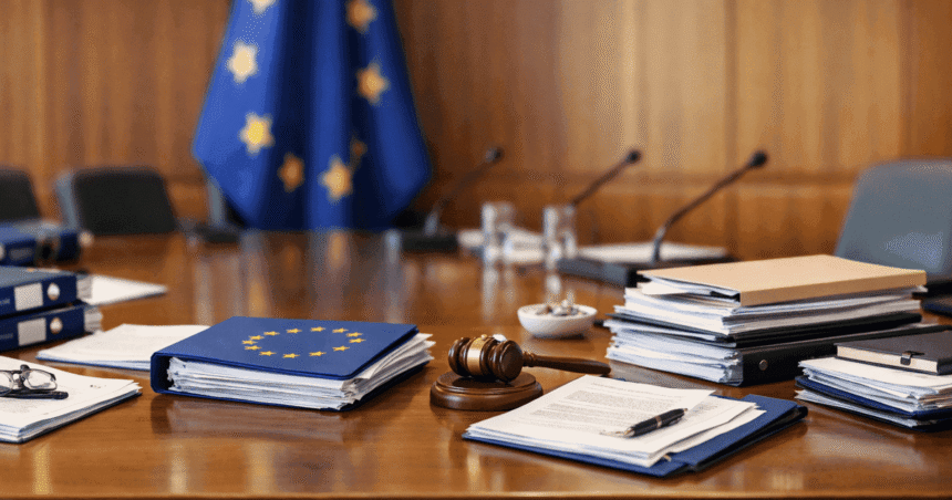 European Union flag and regulatory documents on a desk representing AI Act compliance work