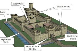 Layered stone fortress walls representing defense-in-depth architecture against prompt injection