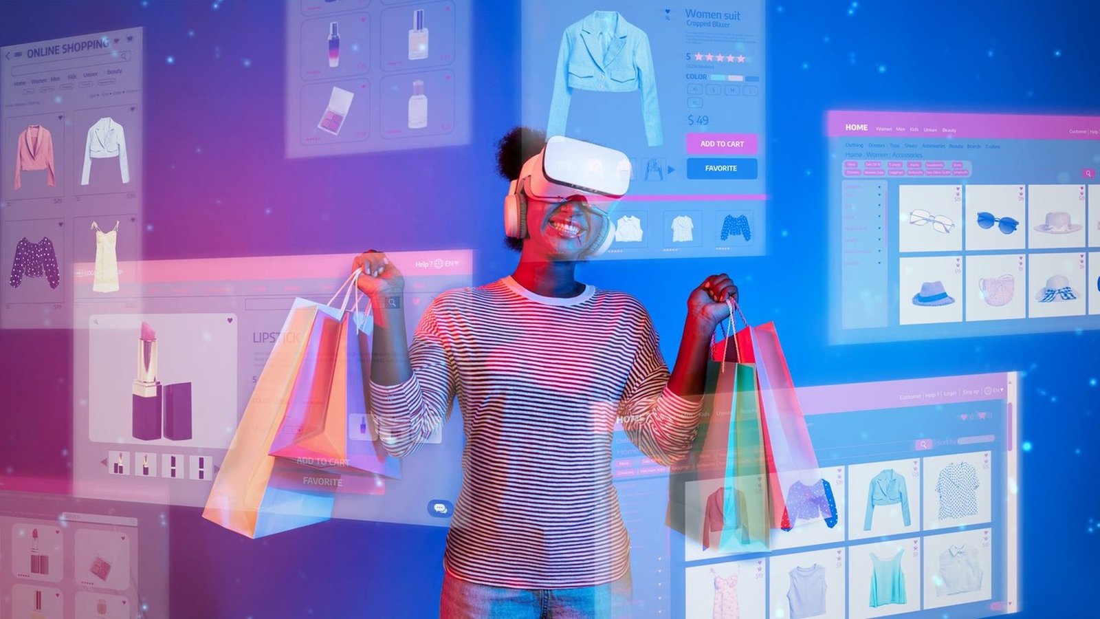 A shopping cart icon connected to AI agent nodes representing automated agentic checkout across multiple platforms