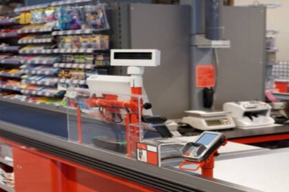 A shopping cart icon connected to AI agent nodes representing automated agentic checkout across multiple platforms