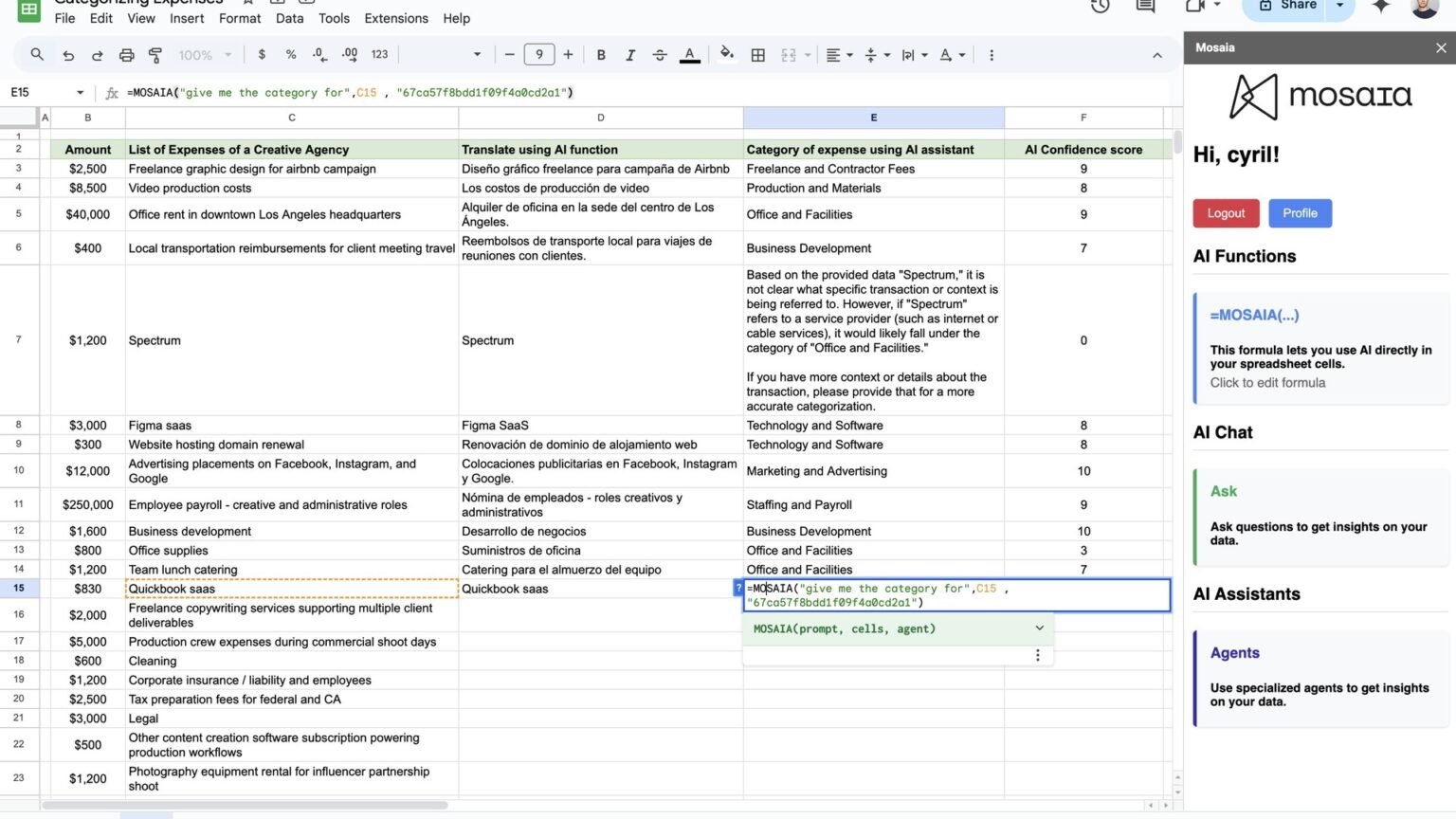 Split-screen of Microsoft Excel and Google Sheets with an AI agent sidebar writing formulas back into highlighted cells