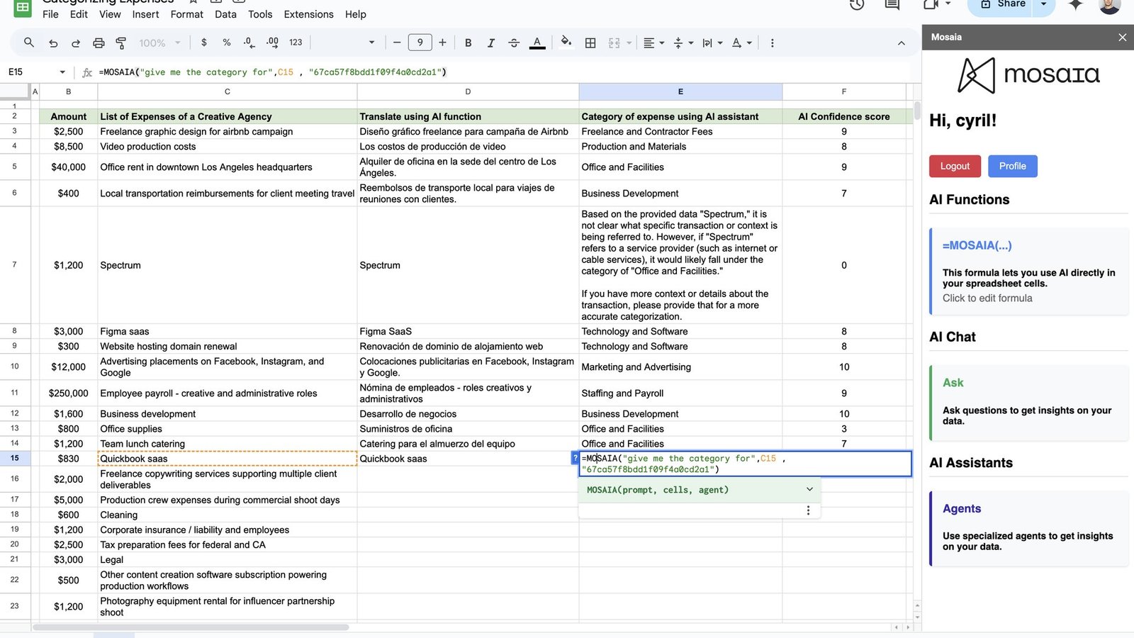 Split-screen of Microsoft Excel and Google Sheets with an AI agent sidebar writing formulas back into highlighted cells