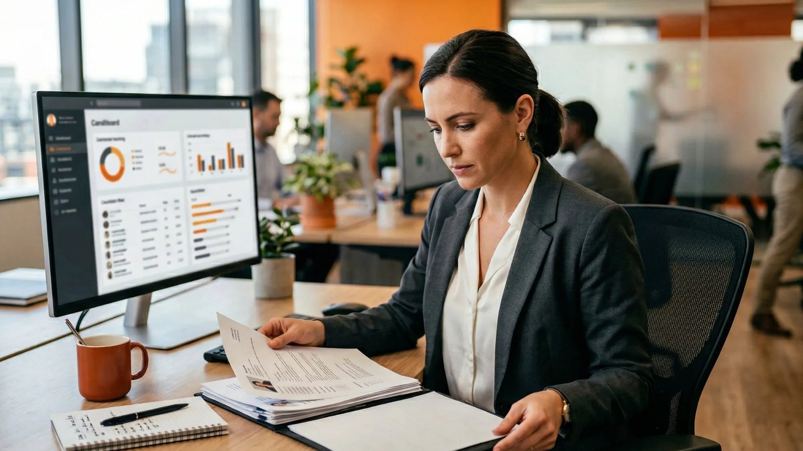 Talent acquisition leader comparing AI recruiting agent shortlists on screen in 2026