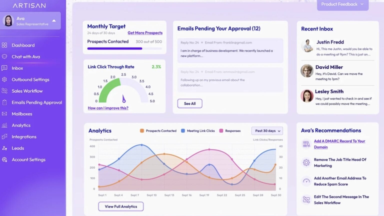 An AI sales development rep agent sending automated outbound emails from a laptop dashboard