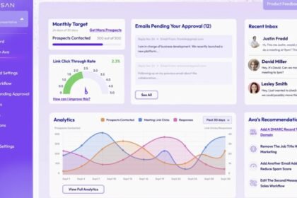 An AI sales development rep agent sending automated outbound emails from a laptop dashboard