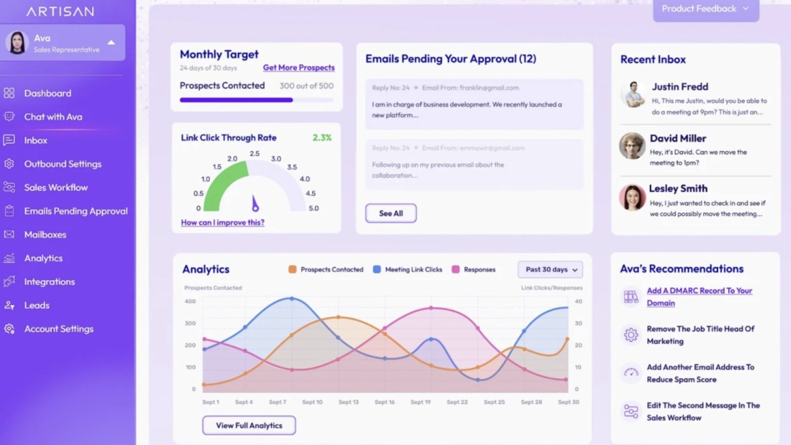 An AI sales development rep agent sending automated outbound emails from a laptop dashboard