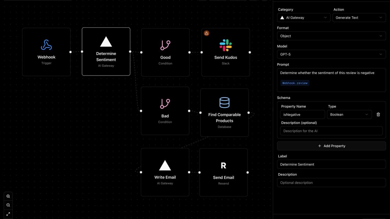Visual no-code AI agent builder canvas with connected workflow nodes on a dark dashboard interface