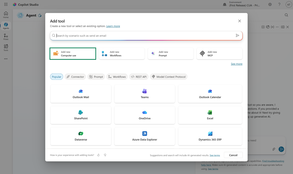 Copilot Studio computer use configuration page model picker