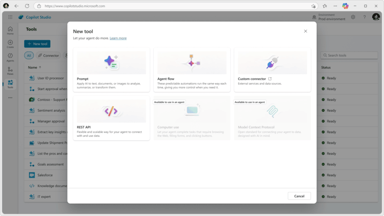 Copilot Studio Tools page Add tool New tool