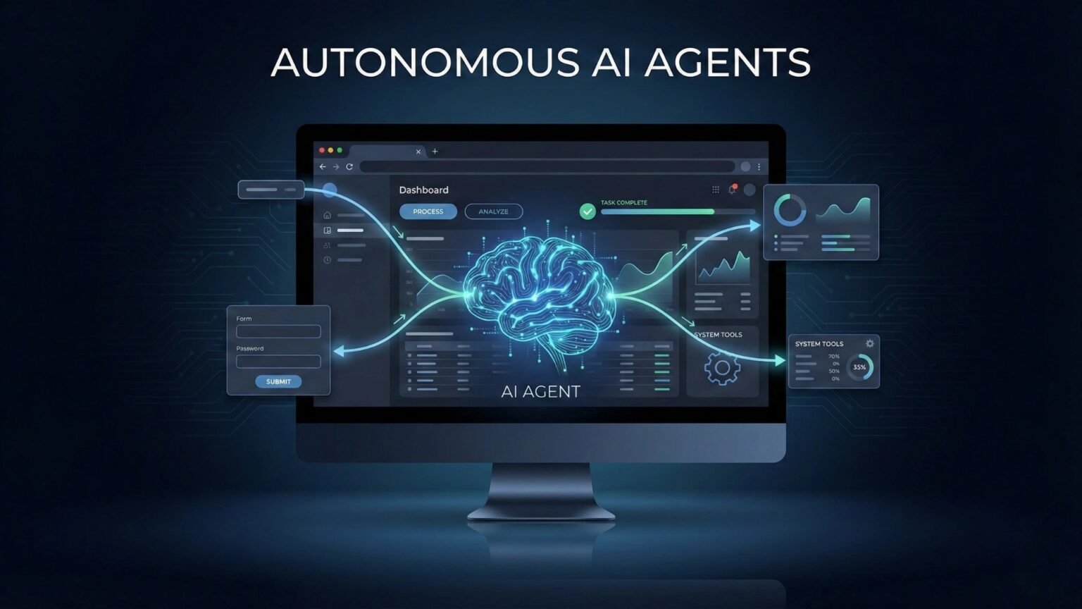 A Copilot Studio computer-using agent driving a web browser and desktop app through a virtual mouse and keyboard