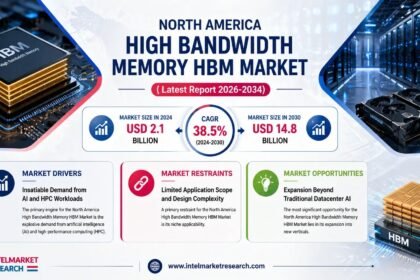Stacked high-bandwidth memory dies sitting beside a GPU logic die on an AI accelerator package