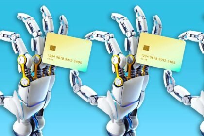 An AI agent connected to a virtual credit card with a spending limit gauge, illustrating agentic commerce controls in 2026
