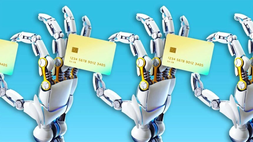 An AI agent connected to a virtual credit card with a spending limit gauge, illustrating agentic commerce controls in 2026