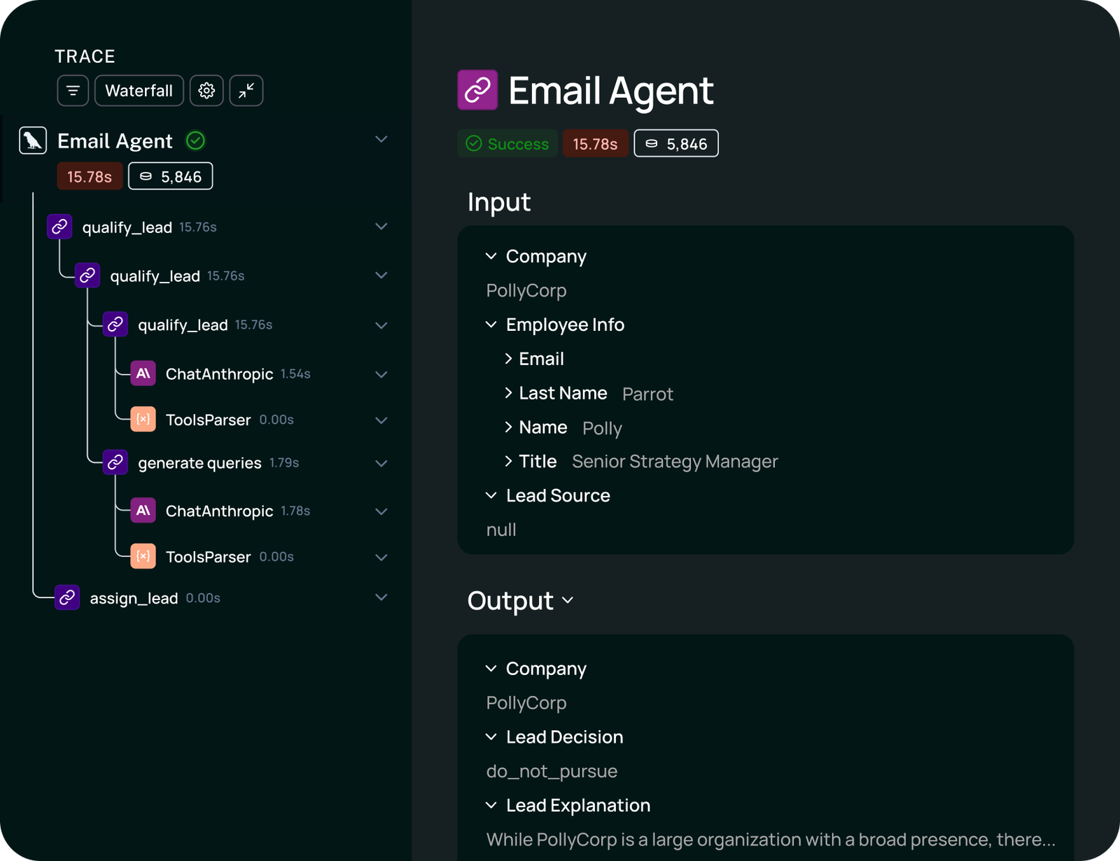 LLM observability trace waterfall tool call