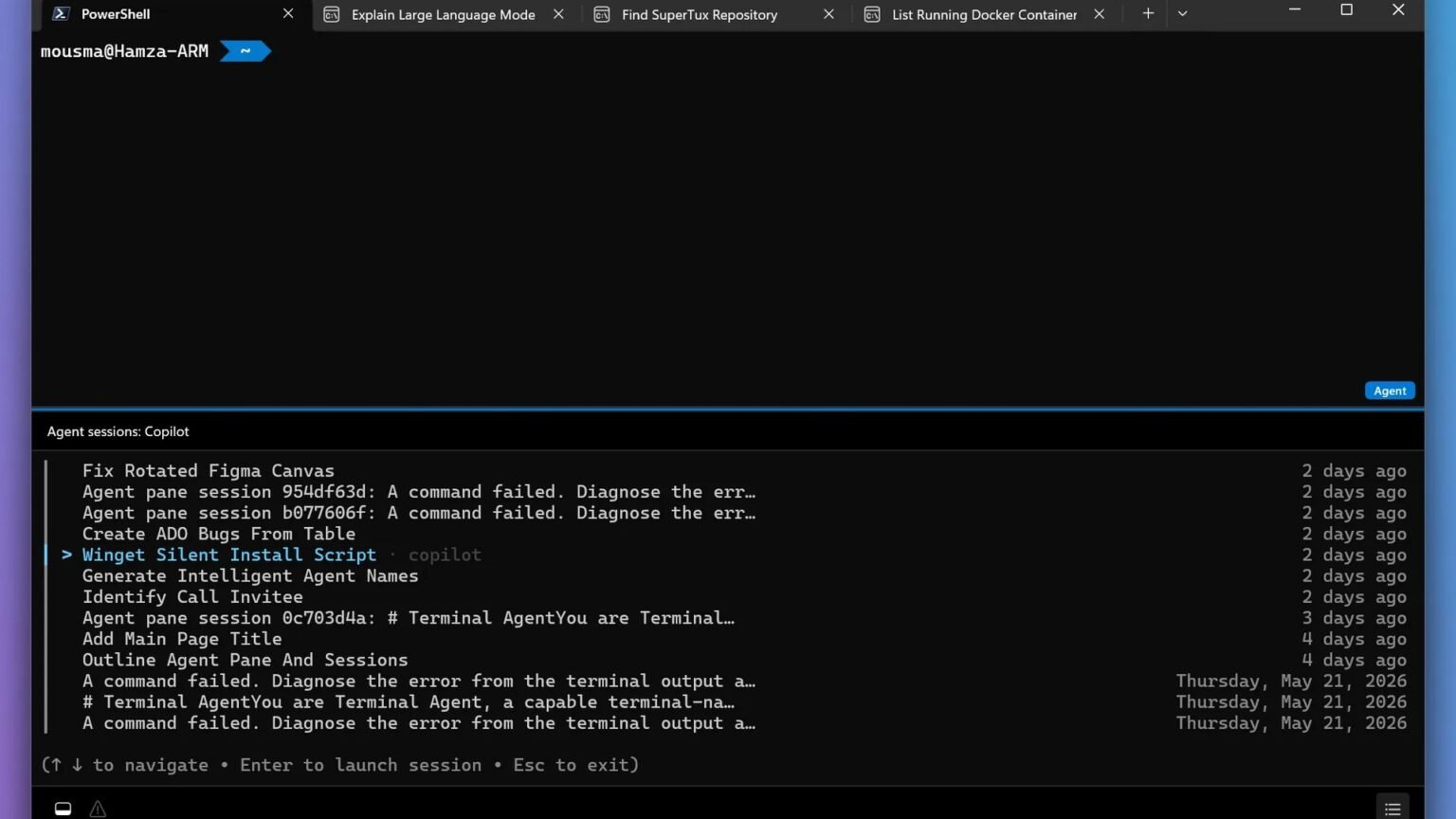 Windows Agent Launcher registration flow showing agent.json, an App Action, and the package manifest extension